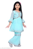 Girls' embroidered festive sheer palazzo ensemble, featuring chiffon top with anarkali shape and palazzo pants. Detailed embroidery, silver accents, and sparkling band. Perfect for young girls aged 4-10 years, originating from India