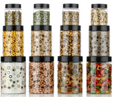Black PETG dry fruit jars, pack of 12: airtight 1200ml, 650ml, 350ml containers for kitchen storage