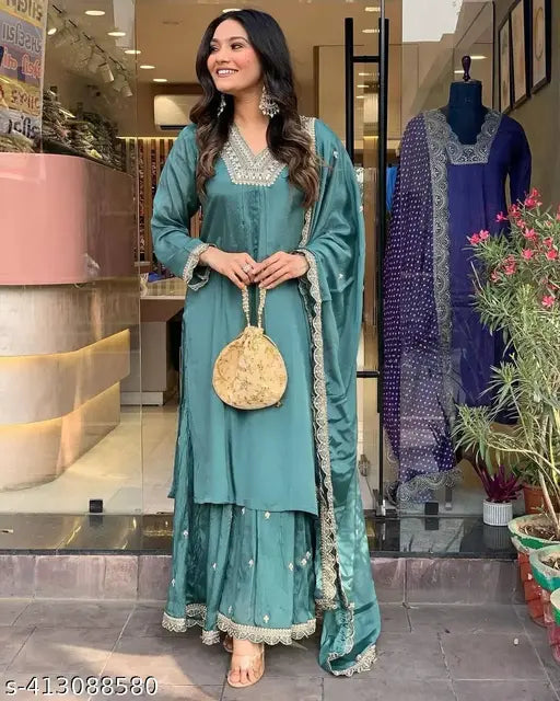 Chinon silk party wear top & palazzo dupatta set, solid net, three-quarter sleeves. XL size. Handcrafted Indian design