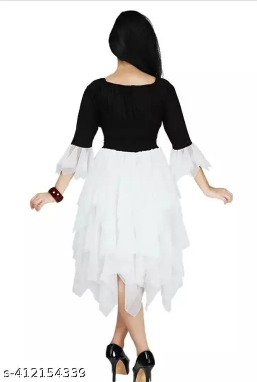 Rayon printed fit & flare dress for girls, below knee length with three-quarter sleeves - SMS DRESSES