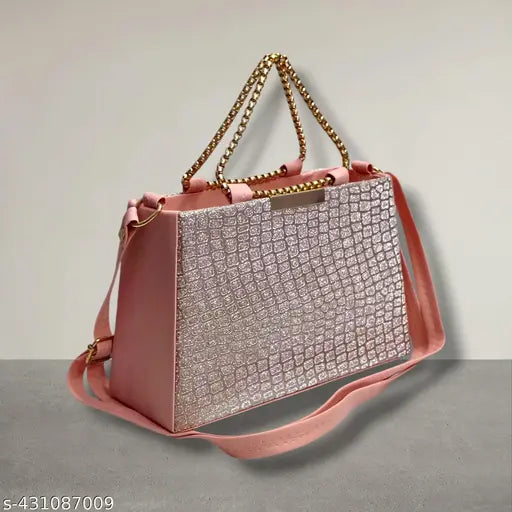 Embellished PU crossbody sling bag with 2 compartments, free size, adorned with sequins, beads, or jewels, gold chain strap, country of origin: India