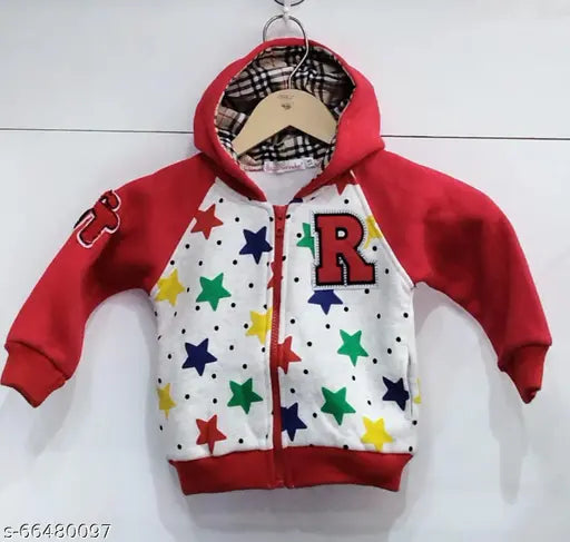 Red woolen front open baby boy sweatshirt & hoodie (9 months - 3 years), printed pattern