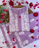 Rayon Chikankari work kurta set with palazzos, intricately embroidered and available in various sizes from M to 4XL