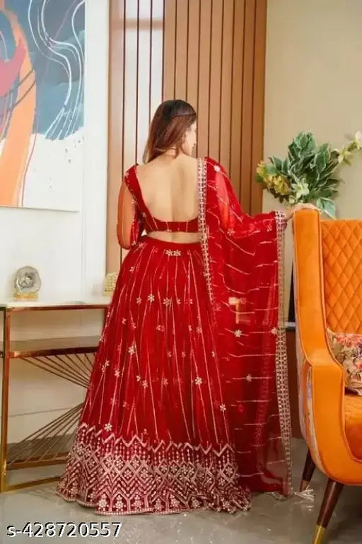 Voguish Indian net lehenga set with embroidered top and dupatta, free size (waist 42in, length 44in)