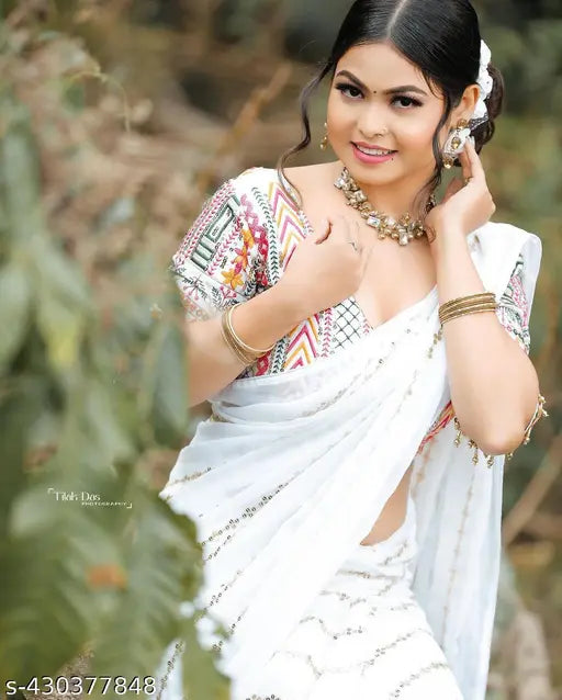White sequin and zari embroidered Georgette saree with embellished blouse, India-made party wear for women