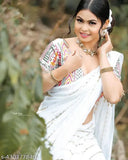 White sequin and zari embroidered Georgette saree with embellished blouse, India-made party wear for women