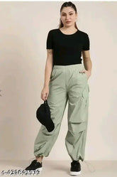 Solid polyester cargo pants for women - Stylish NS brand, size options: 28, 30, 32, 34. Made in India