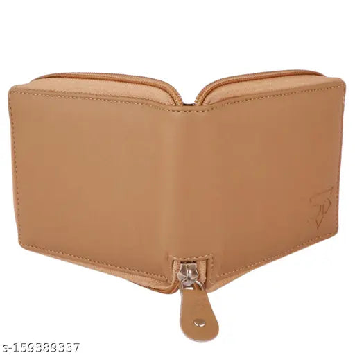 Beige PU round zip wallet by BI Men, 2 compartments, free size (12cm x 9cm), well-crafted leather design with durable lining