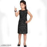 Black nylon sleeveless dress with embroidered net pattern, for girls aged 6-14 years