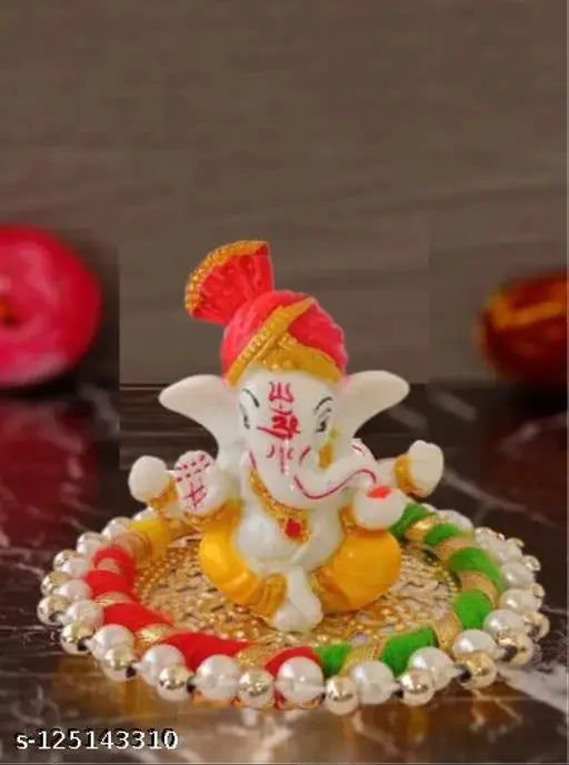Handcrafted polyresin Lord Ganesh Idol on decorative plate, 9cm tall for living room or temple, spiritual home decor accessory