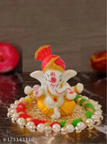 Handcrafted polyresin Lord Ganesh Idol on decorative plate, 9cm tall for living room or temple, spiritual home decor accessory