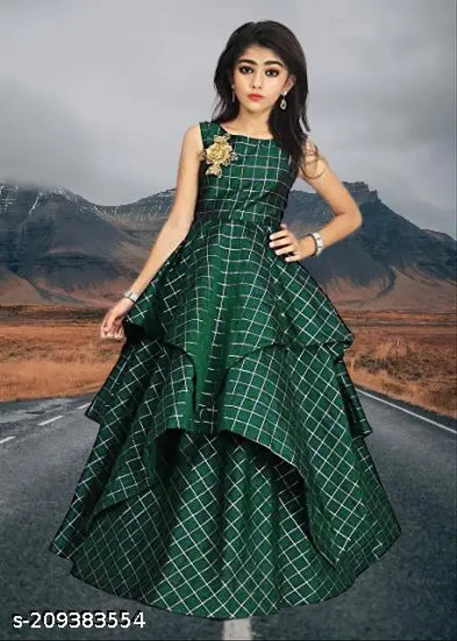 Silk sleeveless checked net ethnic gown for girls, Indian traditional clothing for 5-9 years