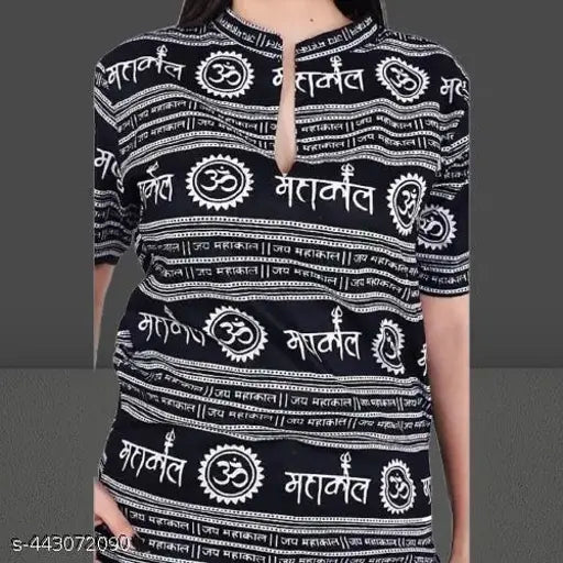 Cotton Mahakaal Damru Om Printed Women's Short Kurta, vibrant Indian attire with short sleeves