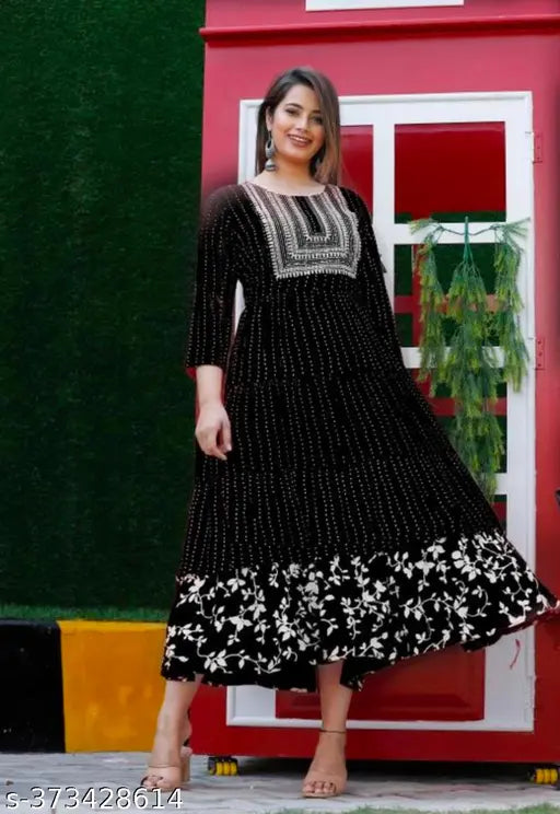 Rayon Anarkali printed kurtis for women and girls, embroidered combo in three-quarter sleeves, Indian fashion