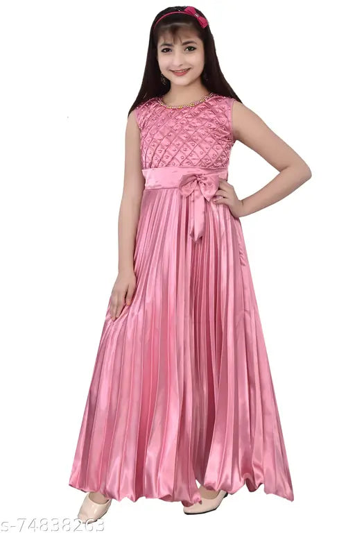 Checked silk satin party gown for girls, long sleeves, sizes 3-11