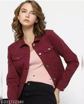 Maroon denim twill women's jacket - trendy casual office wear, long sleeves, size S-XL