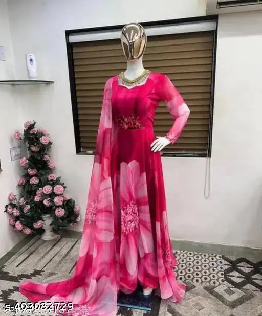 Georgette print net party gown for women, three-quarter sleeves, suitable for weddings and festive functions