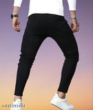 Men's dyed/washed black denim jeans, modern fit and stretchable design. Single item available in sizes 28, 30, 32, 34 (waist 28-42in, length 39in, hip 36-48in). Made in India