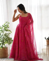 Georgette sleeveless Kangana Bandhani-style gown with lace border dupatta set, vibrant printed net pattern for women's fashion, India origin