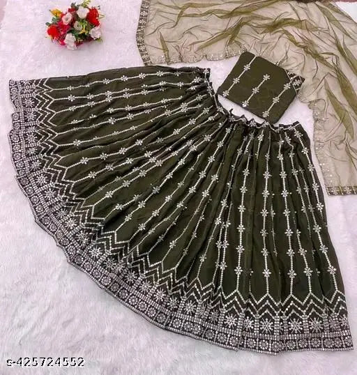 Embroidered Georgette women's choli and net dupatta set (Lehenga waist size 43in, length 43in, dupatta length 70in), India