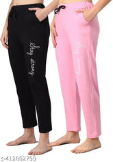 Cotton calf-length pyjama set in pink and black (M/L/XL), Indian origin