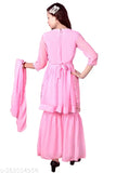 Pink georgette Sharara set with dupatta, A-line style and three-quarter sleeves. Traditional yet modern girls' outfit for festive occasions or weddings, designed in India