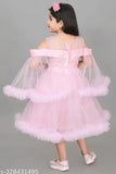 Pink net hanging sleeve knee-length dress for girls, embellished pattern on lightweight fabric