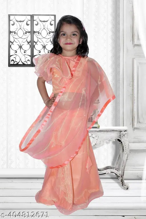 Tussar Silk Kids Lahenga Choli with dupatta, self-design applique pattern, short sleeves