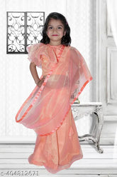 Tussar Silk Kids Lahenga Choli with dupatta, self-design applique pattern, short sleeves
