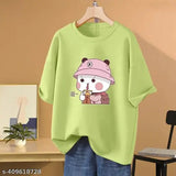 Mint green oversized women's cotton blend t-shirt, Panda print, three-quarter sleeves, India origin