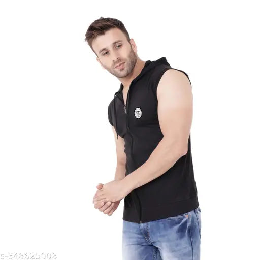 Black cotton blend sleeveless hooded t-shirt from Blisstone, perfect for casual wear on-trend fashion