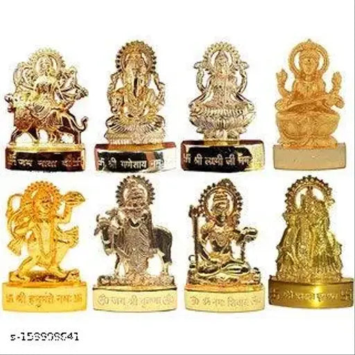 Gold-plated Hindu deity figurines: Ganesh Ji, Laxmi Ji, Durga Ji, Saraswati Ji, Hanuman Ji, Shiv Ji, Radha Krishna Ji, Gai Krishna Ji - 8 pcs (7x1x5 cm each), Indian origin