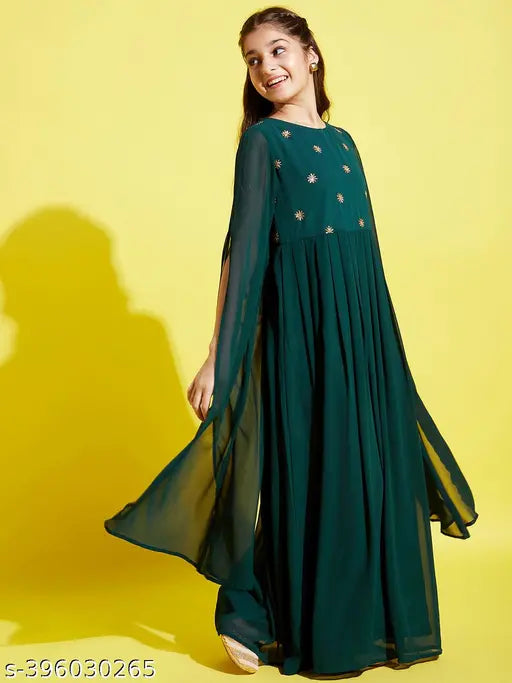 Green Georgette maxi dress with embroidered net sleeves and cherry bottle print for girls aged 8-15