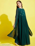 Green Georgette maxi dress with embroidered net sleeves and cherry bottle print for girls aged 8-15