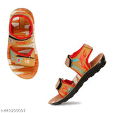 Tan/red patent leather kids sandal, durable and comfortable for boys aged 12-18 months to 4-4.5 years. Printed net pattern design on a Velcro fastening back. Made in India