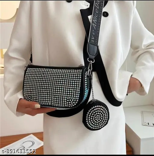 Acrylic Fantastiqo Rhinostone trendy womens sling bag with coin pouch, embellished net pattern, free size. Women's fashion accessory from India