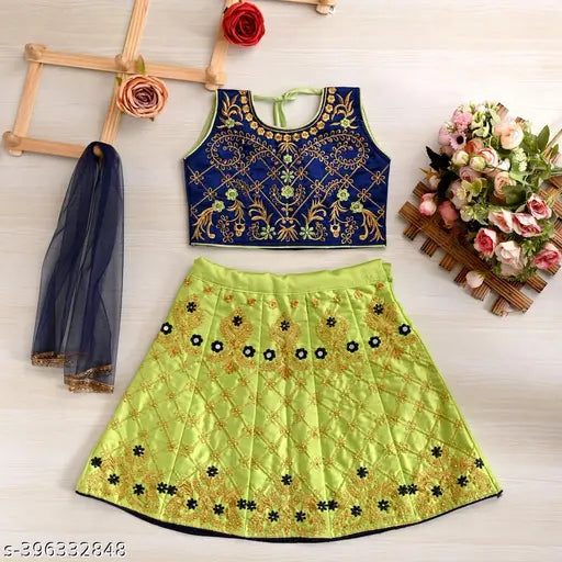 Acrylic-cotton blend, sleeveless floral embroidered lehenga with net dupatta. Indian handcrafted SanLehangha for toddlers (1-2 years)