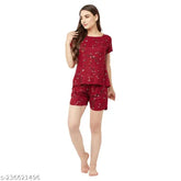 Maroon rayon printed nightsuit, round neck top, short sleeves, pocket detail, comfortable sleepwear, Indian-made nightwear