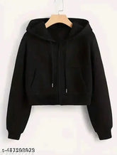 Women's fleece crop zipper hoodie, black solid-patterned short jacket for winter, made in India