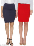 Navy blue and red polyester lycra high-waisted pencil skirt pack of 2 - versatile for various occasions, stretchy fabric with back slit design