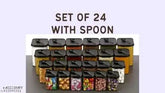 Black plastic airtight food storage containers (350ml, 650ml, 900ml, 1400ml) with spoons for kitchen organization and grocery storage solutions