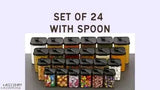 Black plastic airtight food storage containers (350ml, 650ml, 900ml, 1400ml) with spoons for kitchen organization and grocery storage solutions