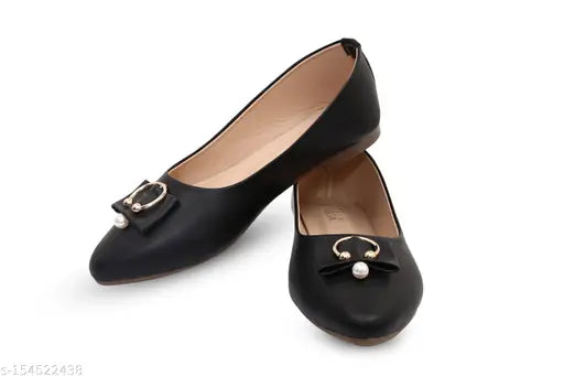 Black synthetic leather flat pearl belly belly, women's ballerinas for partywear (size 3: foot length 23.5cm/EU36)