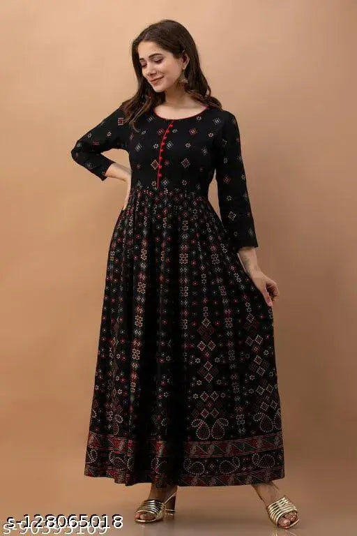 Rayon, three-quarter sleeve Anarkali printed kurta, Indian fashion, vibrant combo on display