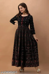 Rayon, three-quarter sleeve Anarkali printed kurta, Indian fashion, vibrant combo on display