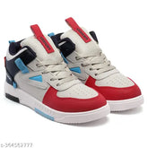 Synthetic lace-up sneaker in grey/navy & red for boys ages 9-13. Made in India
