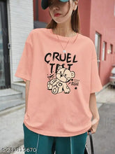 Women's oversize plus cruel test T-shirt, three-quarter sleeves, printed design. Cotton, India origin. XS (38in bust), S (40in bust), M (42in bust), L (44in bust), XL (46in bust)