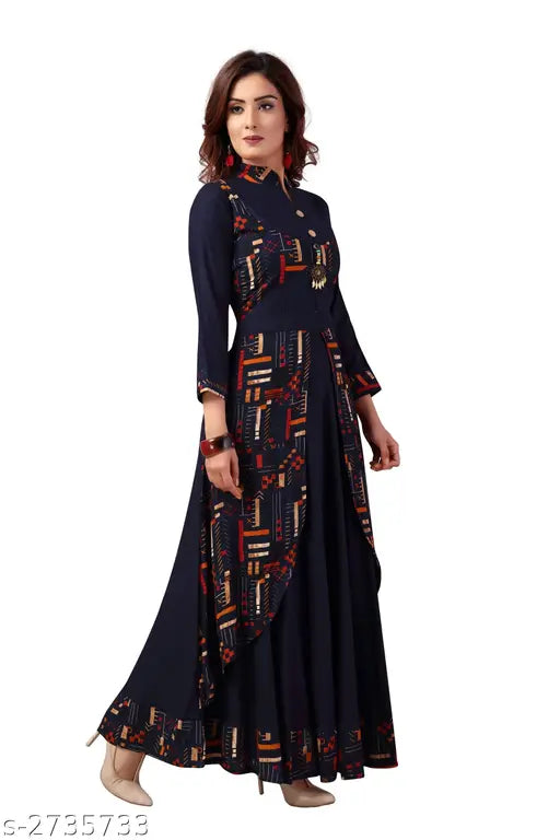 Rayon printed long kurta, ankle length, Chinese collar, 3/4 sleeves - Madhuram textiles designer women's wear for parties and festivals