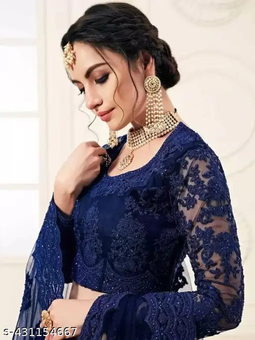 Fashionable embroidered net lehenga-choli and dupatta set, unstitched with 42" waist and 44" length for Indian bridal wear
