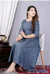 New rayon Anarkali printed kurta, three-quarter sleeve, vibrant Indian pattern. S-XXXL sizes